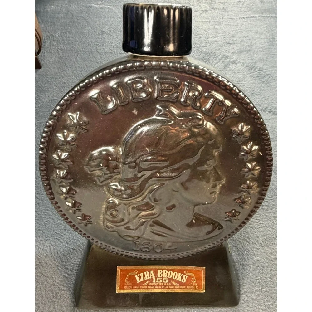 Vintage 1969 Ezra Brooks Liberty Silver Dollar Decanter Heritage China Black